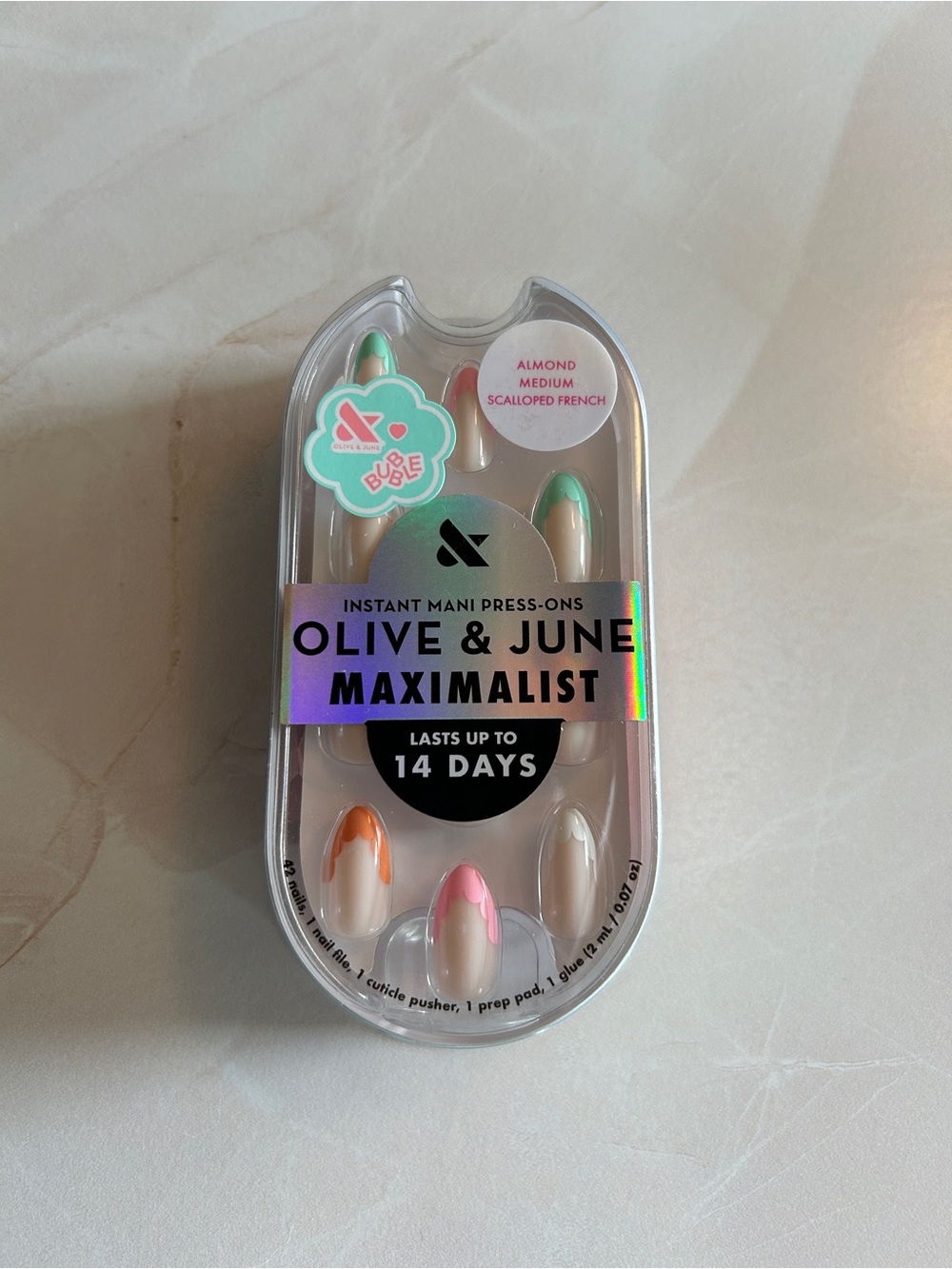 olive and june scalloped french tip medium almond press on nails